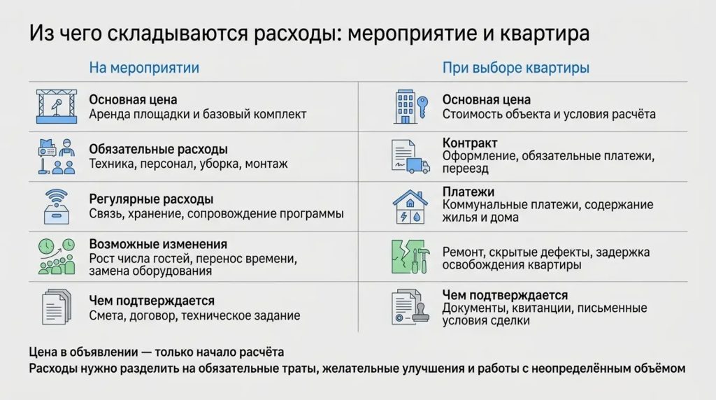 Из чего складываются расходы:мероприятие и квартира
